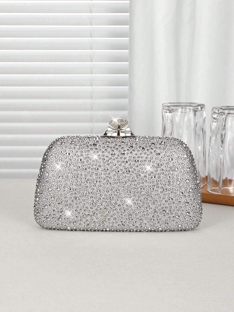 1pc Silver Glitter Rhinestone Embellished Women's Evening Clutch Bag, Fashionable & Elegant Handbag With Metal Chain, Suitable For Parties, Romantic Weddings, Formal Occasions, Banquets, Great Gift For Women