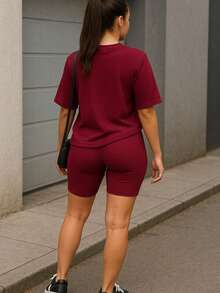 Set Mujer 2 Piezas Acanalado Premium Camiseta Oversize con Biker Fitness Casual Diario Conjunto casual  Conjunto deportivo  Ropa cómoda  Outfit urbano  Look relajado  Letras    Casual    Ninguno - Color caoba - Ver 4