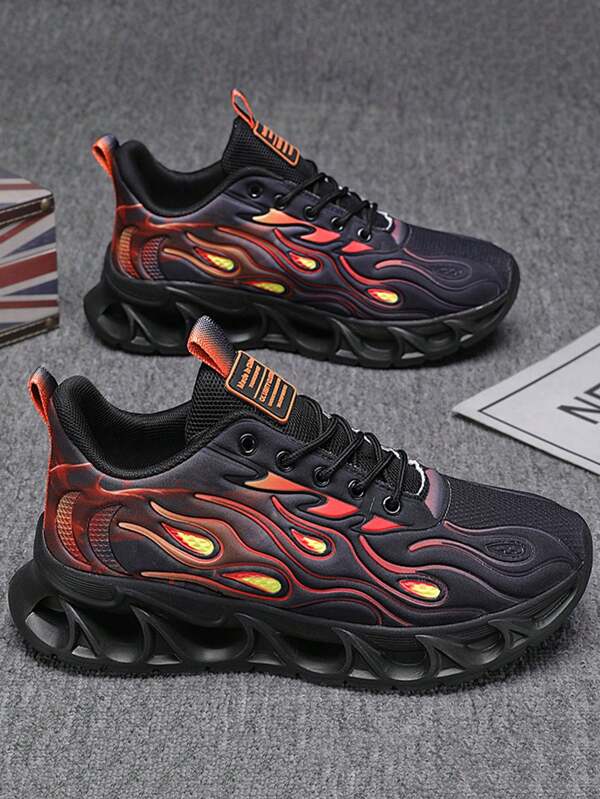 A Pair Of Outdoor Casual Sports Shoes With A Cool Flame Color Scheme, Full Of Street Style, And Shock-Absorbing, Non-Slip Soles.