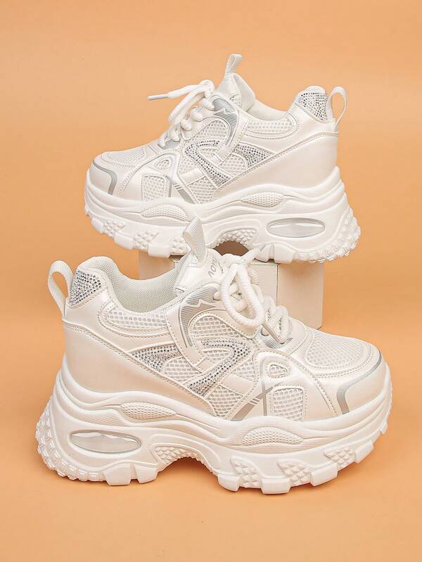 Women's Platform Sneakers, Solid Color Casual Lace-Up Stylish Rhinestone Decor Wedge Height Increasing Comfortable Fitness Shoes
