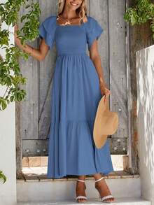 Women's Summer Casual Dresses Square Neck Ruffle Short Sleeve High Waist A-Line Wedding Dresses - 藍色 - 查看 5