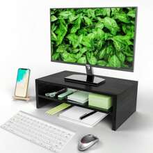 Soporte elevador de monitor de simple, organizador de almacenamiento de escritorio de oficina de 2 niveles de madera para laptop, computadora, negro