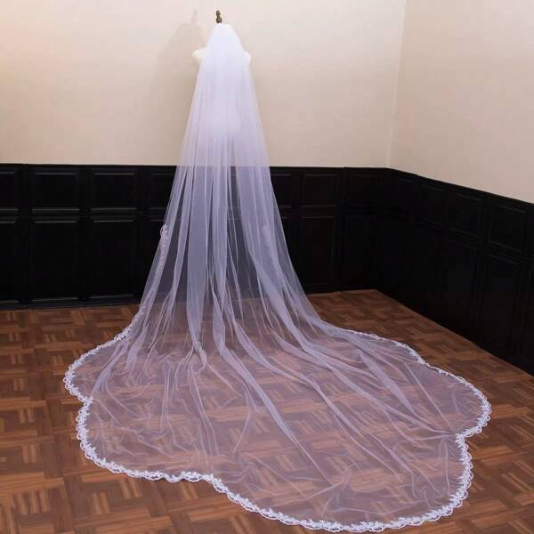 1pc Minimalist Champagne-Color Long Train Bling Bling Bridal Veil