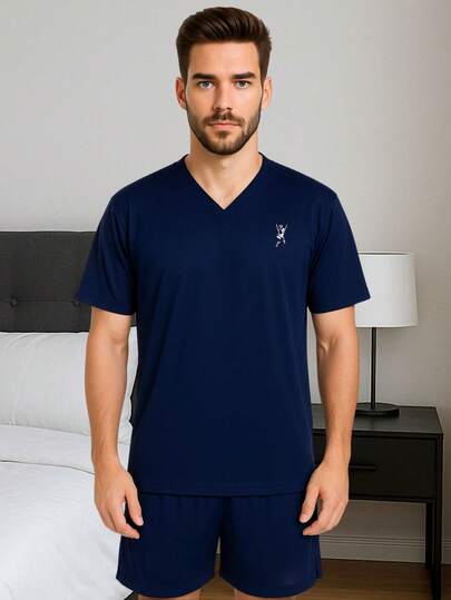 Pijama Masculino Verão Gola V Camisa Manga Curta Short Adulto