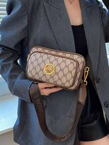 2025新款时尚经典百搭纯色PU防水材质菱形设计复古别致金属动物标志设计单肩包方形包字母图案装饰设计斜挎包适合购物，动物纹印花女士手提包 - 卡其色 - 查看 3