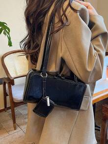 小巧时尚简约百搭单肩包，小众设计，休闲复古风，流行腋下包，精致优雅纯色女士小方包，搭配同色系小零钱包，上班逛街都适用 - 黑色 - 查看 3