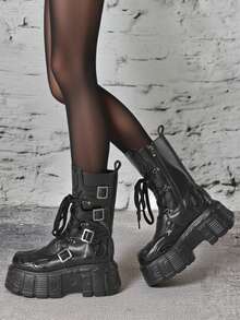 Punk Platform Mid-Calf Boots For Women Flames Embroider Round Toe Biker Boots With Buckles Dark Rock Punk Lace Up Side Zipper Cosplay Platform Gothic Boots