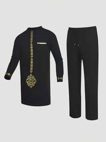 2 pièces/Set Chemise à manches longues col rond bleu Dashiki avec imprimé doré à l'ourlet et fente, pantalon taille élastique pour hommes. Ensemble chemise et pantalon décontracté pour hommes, nouveau style pour toutes les saisons, streetwear, soirée, rendez-vous, mariage, événements culturels, cérémonies traditionnelles