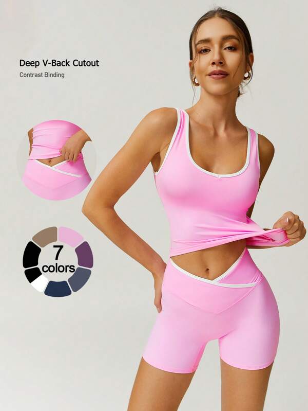 NcmRyu Women's Fashionable Seamless Stretchy Racerback Sports Set, Spring/Summer