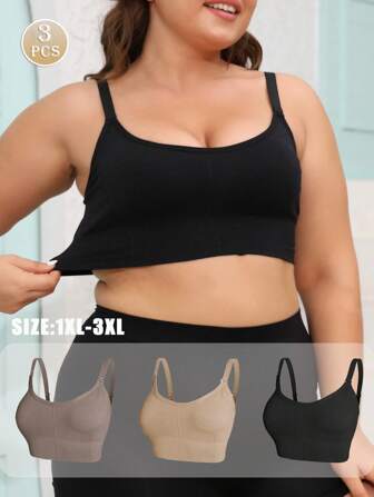 3pcs/Set Women Plus Size Seamless Wire-Free Solid Color Simple Comfortable Casual Bra, All Season