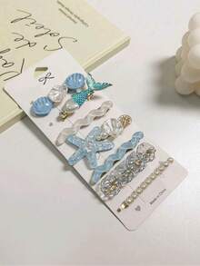 7 件女士优雅贝壳、海星和人造珍珠发夹，多用途日常使用，适合家庭、学校、海滩、办公室、节日、生日、返校、新年、情人节、母亲节、教师节、婚礼、音乐节、毕业典礼、爪夹、发夹、发夹、发夹、学校用品、人造珍珠发饰 - 藍色 - 查看 3