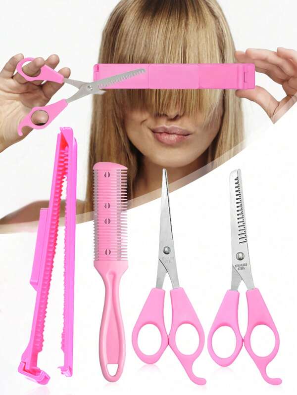 4/1 Stück/Set DIY Haarschneidewerkzeug-Set, Pony-Trimmer für Frauen beinhalten Lineal, Haarklammern, rosa Schere für DIY Pony-Trimmen, Haarpflegeprodukte und Accessoires für Friseur-Salon, Schönheits-Reiseaccessoires, Schulanfang, Reise-Urlaubsaccessoires, Haaraccessoires für Frauen
