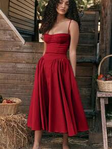 French Vintage Long Dresses With Halter - 深紅色 - 查看 3