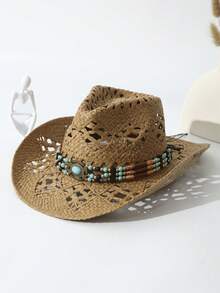 1 件男女通用绿松石装饰镂空草编牛仔帽，沙滩夏季帽，休闲防紫外线 - 卡其色 - 查看 2