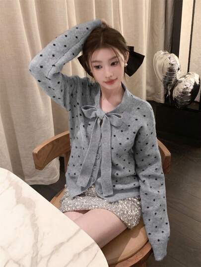 Unique Bowknot Gray Polka Dot Cardigan Sweater For Women, Can Be Worn Alone, Autumn/Winter Ladies Knit Cardigan Top