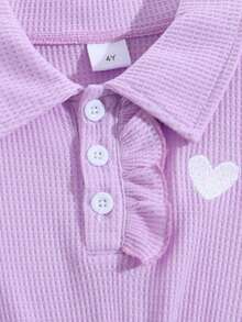 Summer Young Girls' Minimalist Dress, Polo Collar Half-Open Front, Button Solid Color Sporty Style, Heart Embroidery Pattern, Casual Outdoor Sports Girls Dress, Essential For Daily Wear - Mauve Purple - View 4