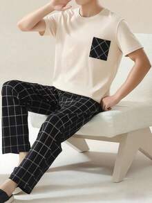 AICJ 2pcs Men's Solid Color Casual Loose Simple Wearable Spring/Summer Pocket Round Neck Short Sleeve Plaid Pants Pajama Set - Beige - View 3