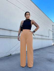 MODA MO, REF: 4714 | Women's Wide-Leg Pants, High Waist, Functional Side Pockets, Romantic Fabric With Lycra Cotton Polyester Elastane, Stylish Bell Bottoms, Monsca Zipper, Modeling That Lifts The Hips, Super Comfortable Fit, Elegant And Versatile Formal Piece For Everyday Wear - 卡其色 - 查看 3