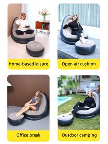 2pcs Set (Lounge Chair + Round Ottoman) Inflatable Flocked Sofa, Foldable Portable Slouchy Sofa With Footrest (No Air Pump), Suitable For Indoor/Living Room/Bedroom/Patio Leisure, Outdoor Travel/Camping/Beach