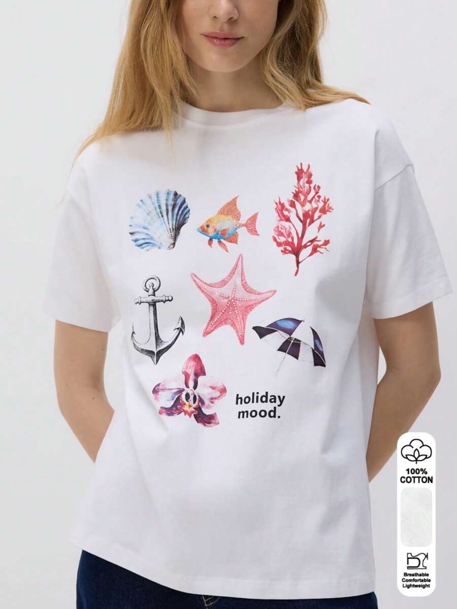 marine life，Ribbed Cotton Women's T-Shirt,College Style Spring Summer New Sports Women's,Draped Soft Breathable Women's Short Sleeve Tight Top - 白色 - 查看 1