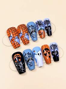 24 件万圣节指甲按压黑猫南瓜灯蜘蛛网棺材指甲和 1 个指甲锉条 + 1 片果冻胶指甲用品指甲 - 彩色 - 查看 2