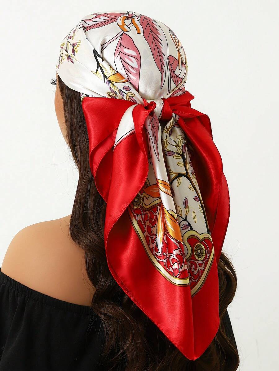 1 件奢华防晒围巾，35.4 英寸方形优雅印花真丝围巾/披肩，女士时尚颈巾