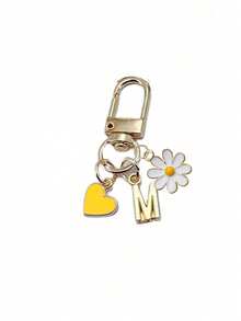 1pc Personalized Yellow Heart Pendant, Customizable With Initial Letter & Daisy Pattern, Heart Pendant, Daisy Keychain, Letter Keychain, Heart Keychain Accessory, Customized Bag Charm, Gift, Keychain, Unique Phone Accessory, Minimalist Design - Multicolor - View 12