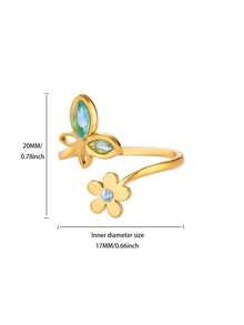 精致不锈钢蓝粉色蝴蝶花戒指，18K 镀金防褪色开口戒指，适合女士，婚礼夏季假日黄金首饰，送给妈妈/挚友的礼物