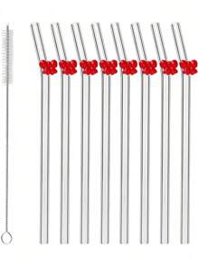 6er Pack wiederverwendbare Glas-Trinkhalme mit Schleifen-Charm - bruchsichere gebogene Trinkhalme Set + Reinigungsbürste - elegante Trinkhalme für Cocktails, Smoothies & kalte Getränke (20cm)