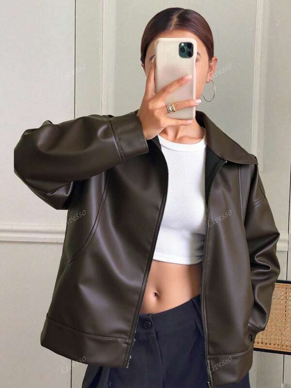 Livesso Oversized Turndown Collar Zipper Motorcycle Faux Leather Jacket, Casual Unisex