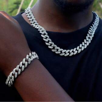 2 pièces Set de collier et bracelet et populaire pour hommes avec chaîne cubaine décorée de strass de luxe