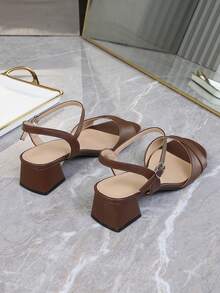 Plus Size Women's Sandals, Retro Coin Design Open Toe Ankle Strap Classic High Heel Versatile Backless Chunky Heel Mid-Heel Fashion French Style Sandals - Brown - View 4