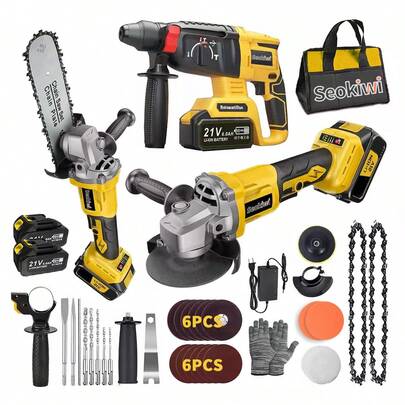 Kit de martillo rotativo y amoladora angular inalámbricos de 21 V + motosierra