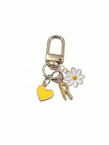1pc Personalized Yellow Heart Pendant, Customizable With Initial Letter & Daisy Pattern, Heart Pendant, Daisy Keychain, Letter Keychain, Heart Keychain Accessory, Customized Bag Charm, Gift, Keychain, Unique Phone Accessory, Minimalist Design - Multicolor - View 14