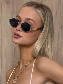 1 件装复古金属全框女士时尚眼镜夏季海滩度假配饰户外旅行休闲时尚眼镜几何形状墨镜 - 灰色 - 查看 2