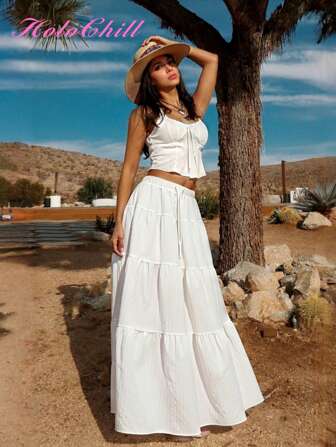 HoloChill 女式纯色腰带分层荷叶边下摆长款休闲裙抽绳 A 字裙