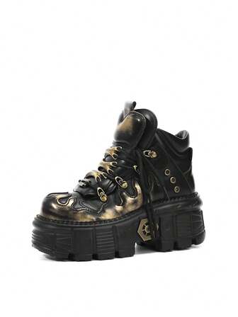 哥特式赛博朋克风格厚底鞋，系带高帮复古厚底运动鞋，时尚男女通用