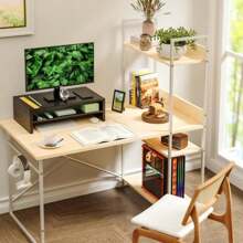 Soporte elevador de monitor de simple, organizador de almacenamiento de escritorio de oficina de 2 niveles de madera para laptop, computadora, negro