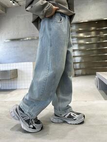 Boys' Loose Straight Leg Jeans, Suitable For Daily, School, Outdoor & Casual Wear, Autumn - Baby Blue - View 7