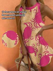 Sea Starshine Women's Spring And Autumn Fashionable Elegant Sexy Sleeveless Yellow Random Crab Pattern Dress
