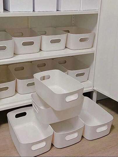 6pcs Durable & Fashionable Storage Baskets/Boxes, For Organizing Cabinets, Kitchen, Bathroom, Desktops, Makeup & Miscellaneous Items, Portable Plastic Multi-Purpose Storage Containers, Solid Color