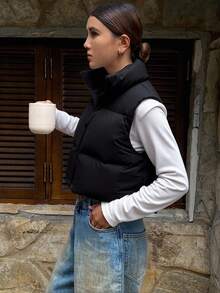 Livesso Zip Up Crop Vest Padded Thick Coat, Winter Women Padded Coat Jacket School - Black - View 5
