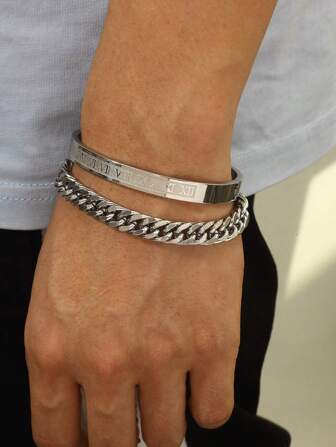 2 pièces Ensemble de bracelets minimalistes à la mode pour hommes en acier inoxydable avec chiffres romains