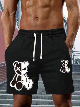 全新夏季男士熊印花抽绳腰休闲短裤，适合健身、跑步、户外、约会、浪漫