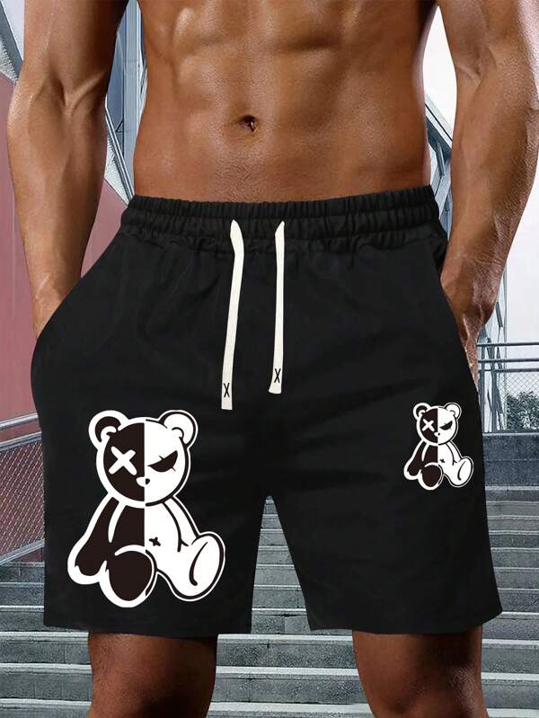 New Summer Men's Bear Print Drawstring Waist Casual Shorts For Fitness, Running, Outdoor, Dating, Romantic