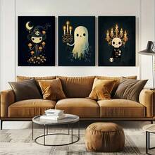 3 piezas Impresión en lienzo de estilo Dark Academia con fantasma a la luz de las velas y esqueleto, pósteres espeluznantes pero lindos de Halloween para decoración de la sala de estudio o juegos, con opción de marco - Multicolor - Ver 3