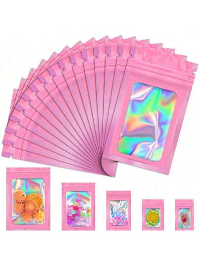 50 piezas de bolsas rosas resellables, bolsas de almacenamiento de alimentos con ventana transparente, bolsas para caramelos, gomitas, bolsas de papel de aluminio, bolsas de embalaje de regalo para fiestas