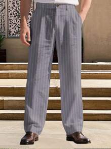 Mens Straight Fit Chino Pants Mid Rise Stripes Print Dress Pants Flat-Front Linen Pants