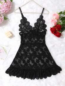 情趣内衣女镂空性感修身印花蝴蝶结蕾丝吊带裙睡裙情趣内衣睡衣性感内衣服装情趣内衣裙 - 黑色 - 查看 3