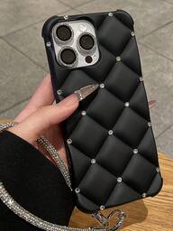 高級感のあるグリッターキルティングと光沢のあるストラップ付きスマホケース（iPhone 17、15、Pro Max、13、14、12、11、16対応）